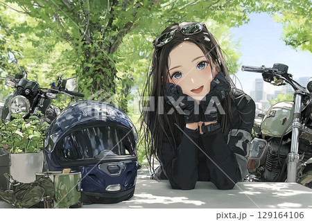 ライダーズカフェ　バイクを見ながら休憩する女性ライダーのイラスト素材 129164106