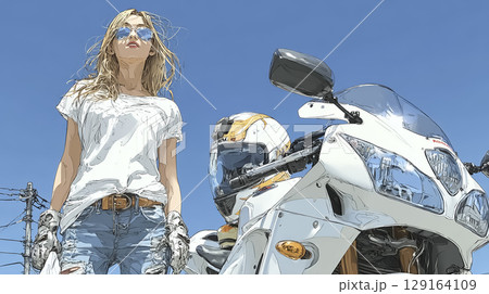 サングラスをかけた若い金髪女性ライダーと白いスポーツバイク 129164109