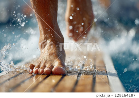 Diver's feet splashing water on springboard, preparing for an exhilarating dive into the pool 129164197