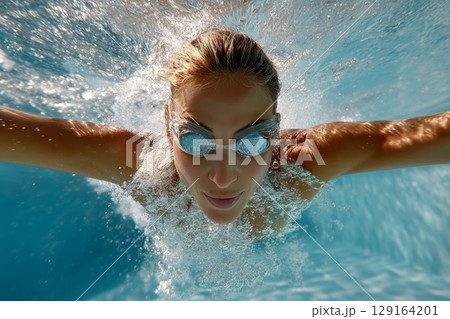 Diver in motion underwater, showcasing athleticism and grace in a vibrant blue pool environment 129164201