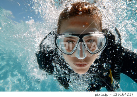 Diver in underwater scene, showcasing determination and focus while exploring aquatic environment 129164217
