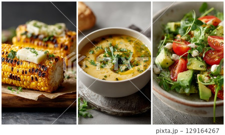 Colorful food collage featuring grilled corn, creamy soup, and fresh salad with herbs and garnishes 129164267