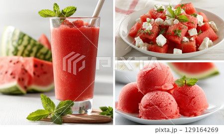 Refreshing watermelon collage featuring smoothie, salad, and sorbet with mint garnish 129164269