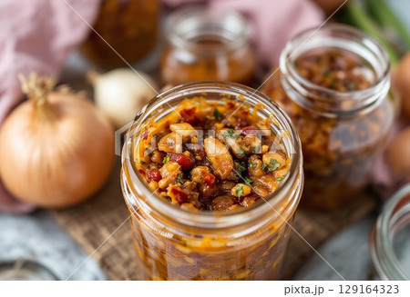 Homemade vegetable chutney in glass jar with fresh ingredients and rustic background setting 129164323