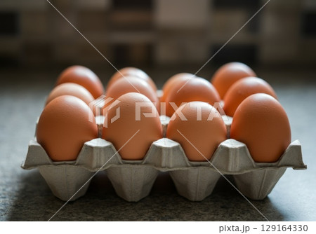 Fresh brown eggs arranged neatly in a cardboard carton on a kitchen countertop 129164330
