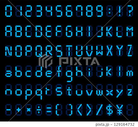 デジタル文字と数字。液晶モニターにアルファベット。時計の文字。黒の背景にデジタルのフォント。 129164732