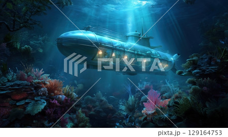 海底を進む観光用ガラス潜水艦とサンゴ礁 129164753