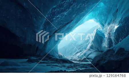 青く輝く氷の洞窟と神秘の光景 129164768