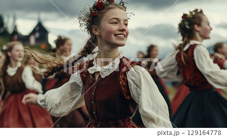スカンジナビアの民族衣装で踊る少女たち 129164778