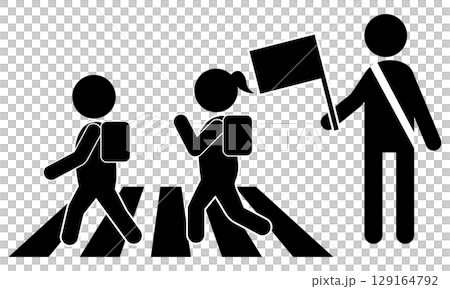 Pictogram of a flag-waving elementary school student crossing a crosswalk Pictogram of a flag-waving elementary school student crossing a crosswalk 129164792