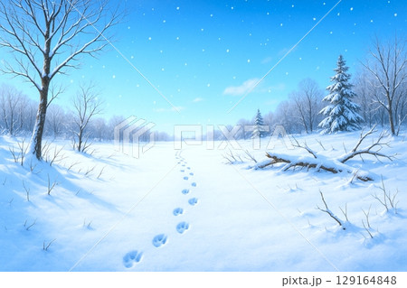 雪原に続く足跡と澄んだ青空が広がる静かな冬の風景イラスト 129164848