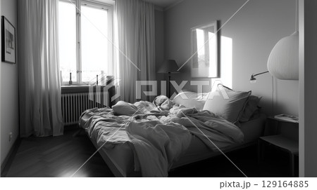 朝の光差し込む無造作なモノクロ寝室の一瞬 129164885