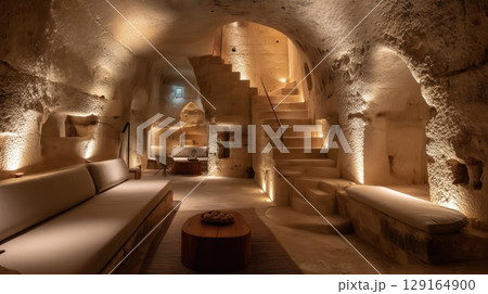 洞窟を活かした高級地下ホテルの内装 129164900