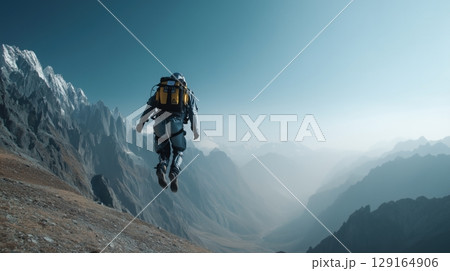 ジェットスーツで飛ぶ冒険者と雄大な山脈 ジェットスーツで飛ぶ冒険者と雄大な山脈 129164906