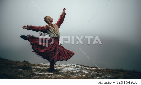 スコットランドの霧に舞う伝統ダンサー スコットランドの霧に舞う伝統ダンサー 129164918