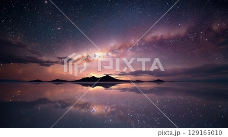 ウユニ塩湖に映る満天の星空と銀河 129165010