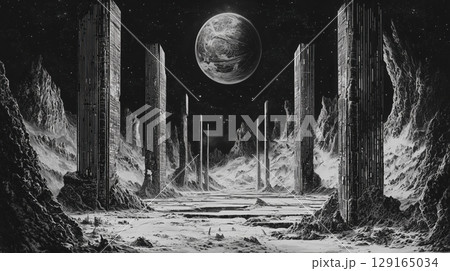 異星の神殿に立つ巨柱と惑星 129165034