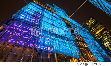 青く輝く文字が映る近未来ビルの夜景 129165035