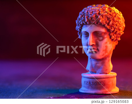 Hermes Classical Marble Bust with Red Purple Neon Lighting 129165083