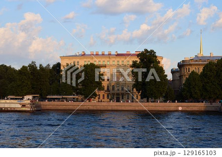 Amazing and Stunning Riverside Building in Saint Petersburg Against a Clear Blue Sky Amazing and Stunning Riverside Building in Saint Petersburg Against a Clear Blue Sky 129165103