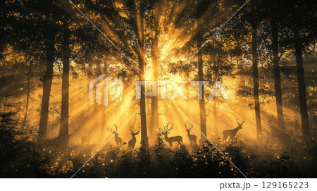 朝陽に照らされる森と野生のシカたち 129165223