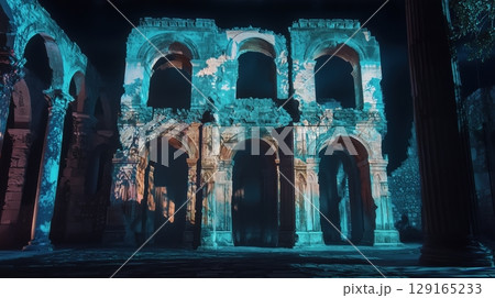 廃墟に映し出される幻想的なプロジェクション 129165233