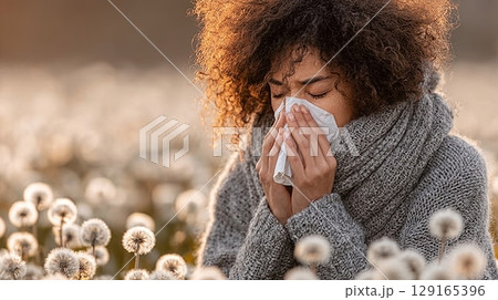 Woman Suffering from Seasonal Allergies Outdoors 129165396