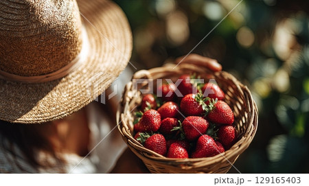 Woman in Straw Hat Holding Basket of Fresh Strawberries Woman in Straw Hat Holding Basket of Fresh Strawberries 129165403