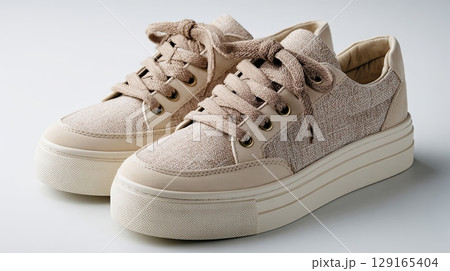 Stylish Beige Sneakers on White Background Stylish Beige Sneakers on White Background 129165404