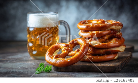 Fresh Pretzels and Cold on Rustic Table 129165405