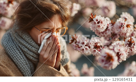 Woman Sneezing Due to Spring Allergies in Blooming Garden Woman Sneezing Due to Spring Allergies in Blooming Garden 129165431