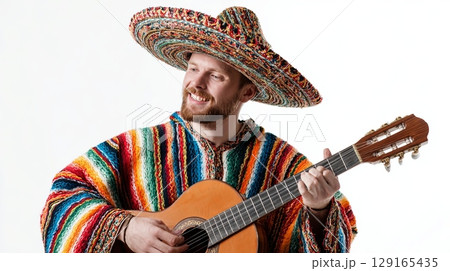 Smiling Man in Sombrero Playing Guitar 129165435