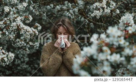 Woman Sneezing Outdoors Amidst Spring Blossoms 129165447