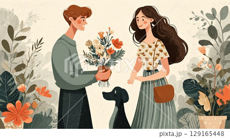 Romantic Gift Exchange with Flowers and Dog 129165448