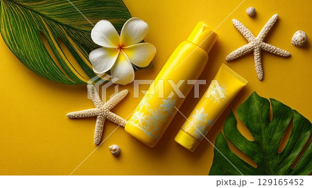Tropical Sunscreen with Plumeria and Starfish on Yellow Tropical Sunscreen with Plumeria and Starfish on Yellow 129165452