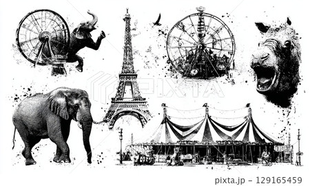 Vintage Circus and Paris Landmarks Grunge Collage 129165459