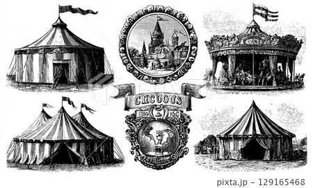Vintage Circus Tents and Carousel Illustrations 129165468