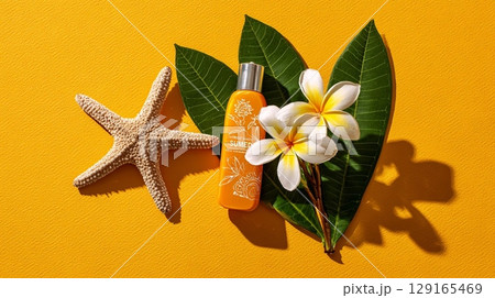 Sunscreen with Plumeria and Starfish on Yellow Background 129165469