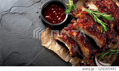 Succulent Barbecue Spare Ribs with Sauce and Herbs Succulent Barbecue Spare Ribs with Sauce and Herbs 129165483
