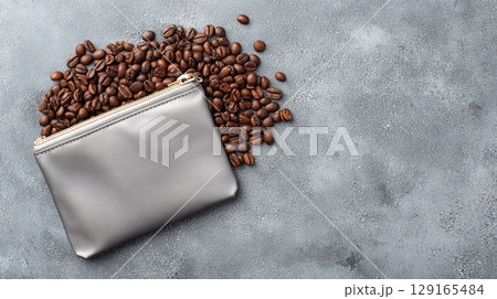 Coffee Beans and Zipper Pouch on Gray Background 129165484