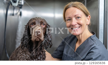 Happy Dog Groomer with Wet Dog in Bath 129165636