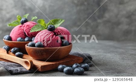 Refreshing Blueberry Sorbet with Mint Garnish 129165648