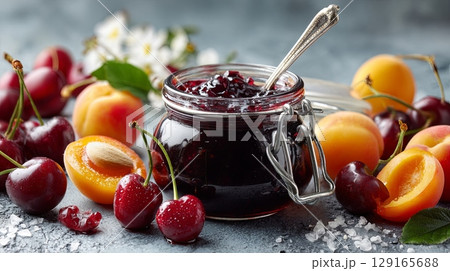Fresh Cherry and Apricot Jam with Fruit 129165688