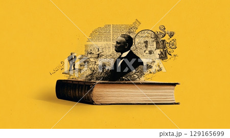 Vintage Book with Historical Illustrations on Yellow Background 129165699