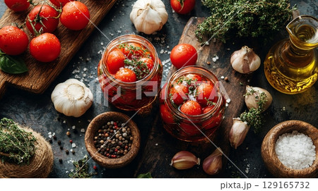 Rustic Tomato Preservation with Fresh Herbs and Spices 129165732