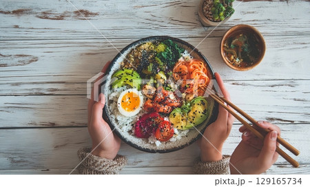 Colorful Poke Bowl with Fresh Vegetables and Chopsticks 129165734
