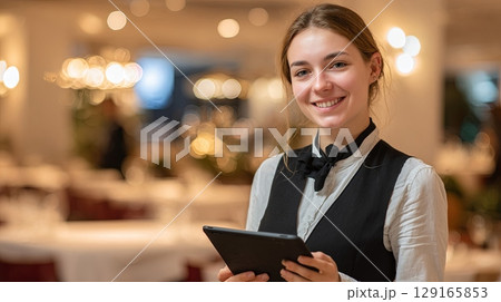 Smiling Waitress Holding Tablet in Elegant Restaurant 129165853