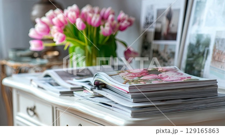 Elegant Interior with Magazines and Tulips Elegant Interior with Magazines and Tulips 129165863