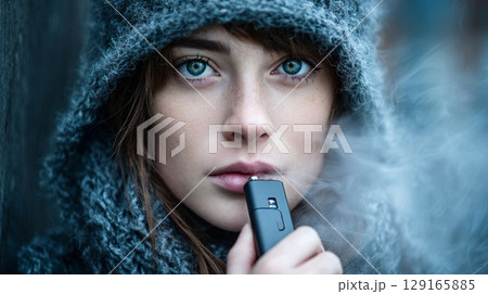 Young Woman Vaping in Cozy Winter Attire Young Woman Vaping in Cozy Winter Attire 129165885