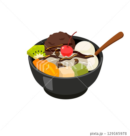 黒蜜がかかったあんみつ(スプーン付き)- フラットベクターイラスト 黒蜜がかかったあんみつ(スプーン付き)- フラットベクターイラスト 129165978